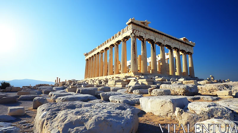 Parthenon temple ruins under clear blue Athenian sky.