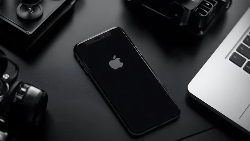 Midnight-black smartphone rules a sleek creative desk scene.