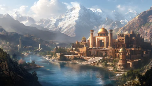 Golden river citadel beneath snowcapped mountain range.