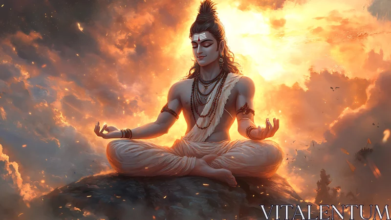 Radiant blue-skinned yogi rests in serene mountain meditation