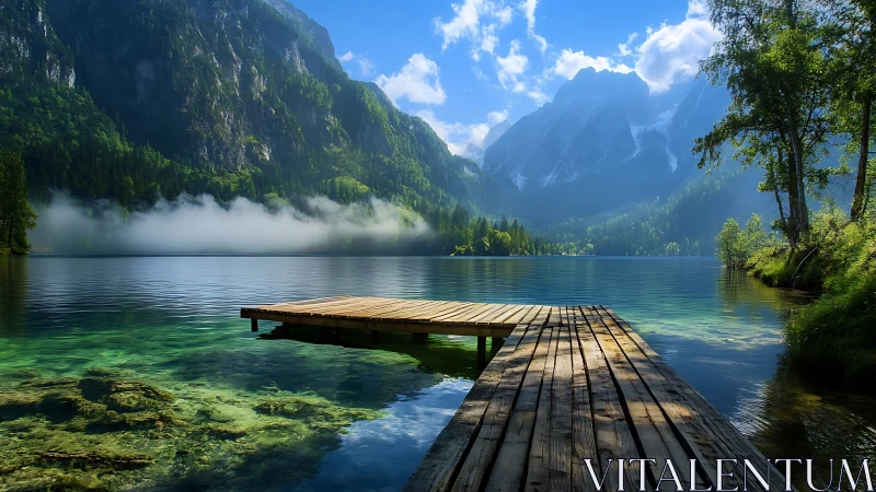 Timber jetty over crystalline alpine lake with mist banded peaks.