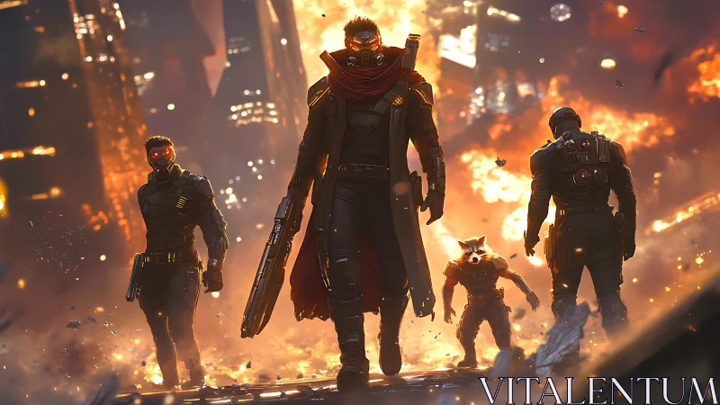 Armed futuristic team walking through burning urban ruins.