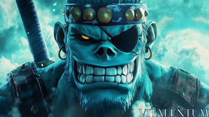 Blue undead warrior with eyepatch and sword in misty glow.