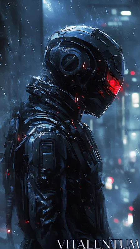 Cybernetic sentinel stalks neon alley in cold rainfall.