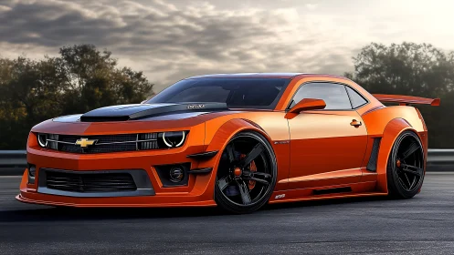 Orange muscle car gleams with aggressive widebody styling.