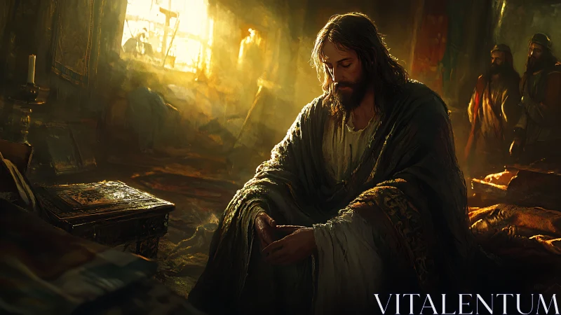 Solitary robed figure seated in warm interior lighted scene.