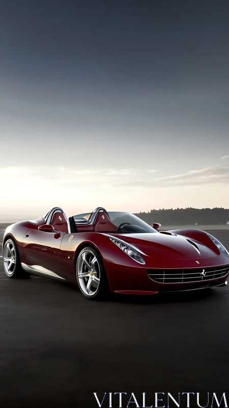 Aerodynamic crimson roadster under gradient coastal sky.