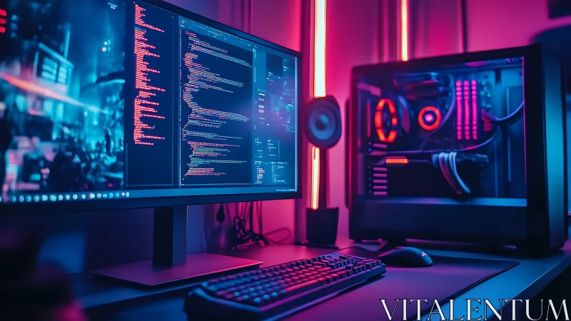 Dual-monitor coding workstation with RGB desktop PC.