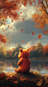 Plush bear observing calm autumn lake under clouds.