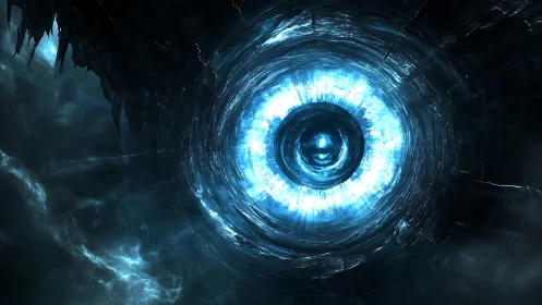 Glowing cosmic portal ringed by stormy electric shadows.