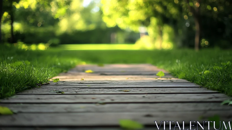 Sunlit garden boardwalk where quiet footsteps exhale calm.