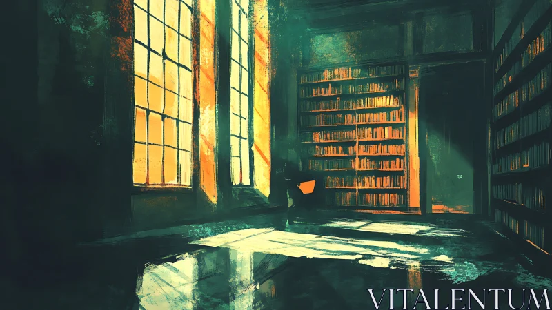 Sunlit atmospheric library interior with solitary reader figure