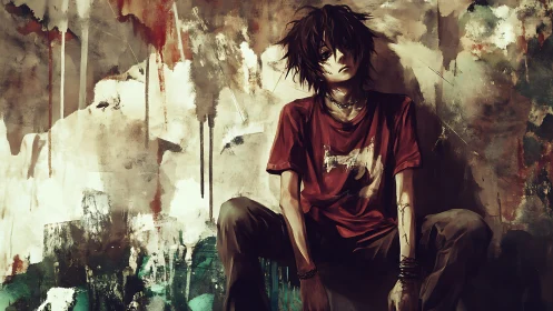 Disheveled youth against abstract stained concrete wall.