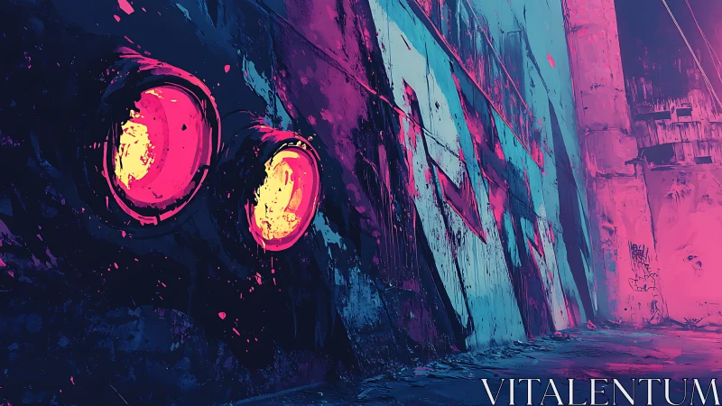 Neon alleyway awakens under watchful cyberpunk graffiti eyes.