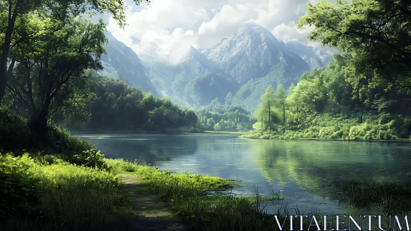 Mountain lake reflects forested slopes under soft daylight