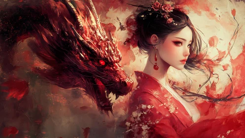 Woman in red kimono with red dragon in abstract space.