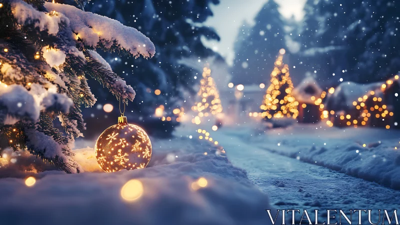 Snowlit village lane wrapped in twinkling Christmas wonder.