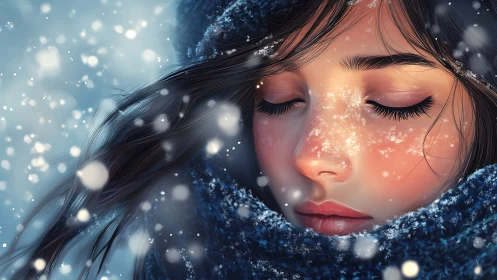 Girl with closed eyes stands in falling snow close to camera