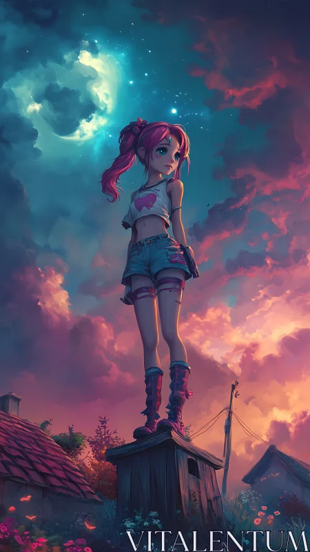 Anime girl elevated against nebular twilight skyscape