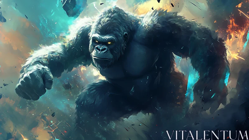 Giant gorilla charging through fractured fiery sky scene.