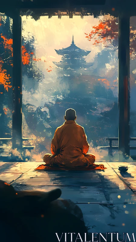 Quiet temple morning with a monk resting in gentle light.