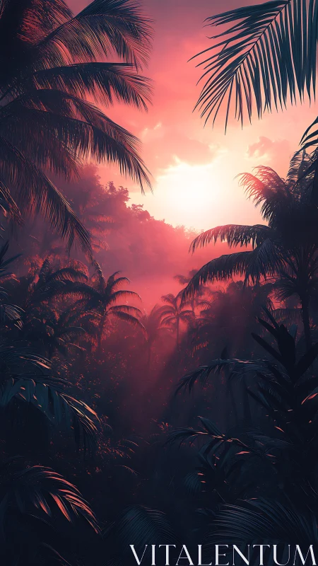 Sunset glow drifting through a dreamlike tropical jungle.