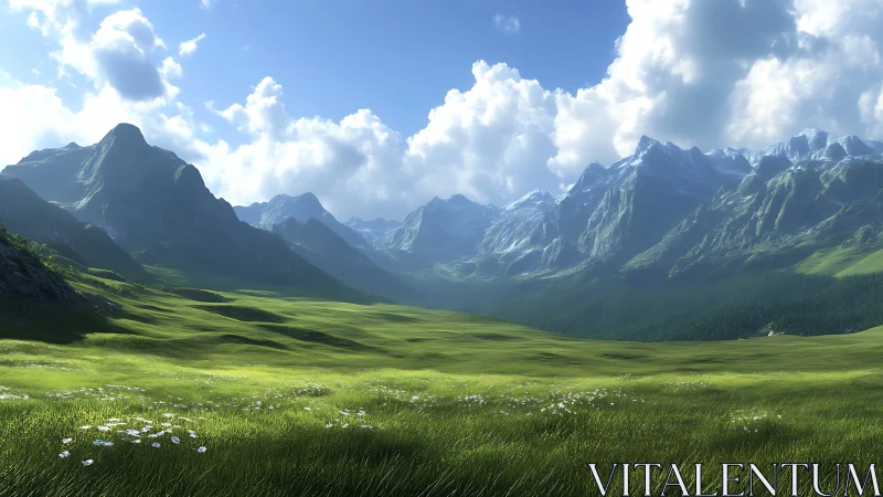 Mountain valley landscape under daylight with cloud cover.