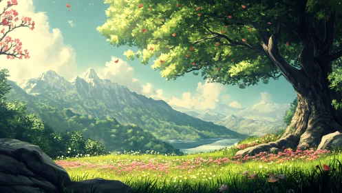 Sunny alpine valley rendered as luminous digital landscape