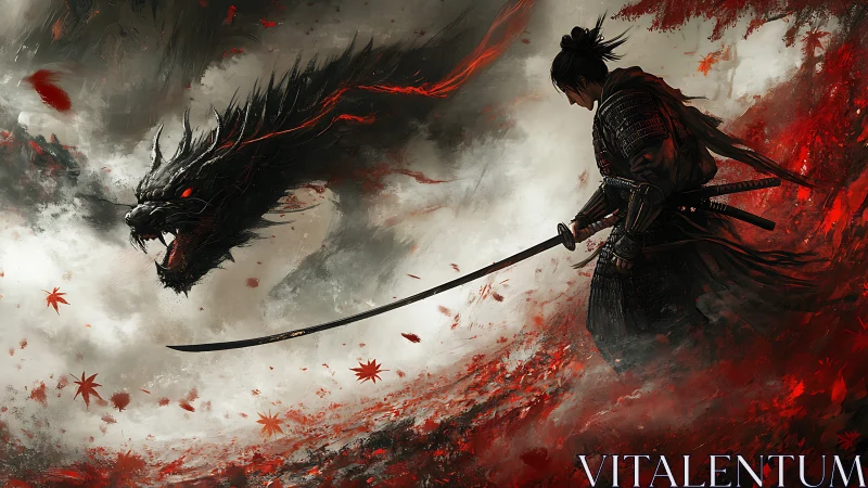 Samurai confronts shadow dragon amid swirling crimson storm