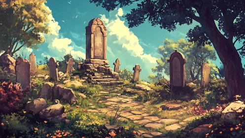 Sunlit hillside graveyard where quiet stones drink daylight.