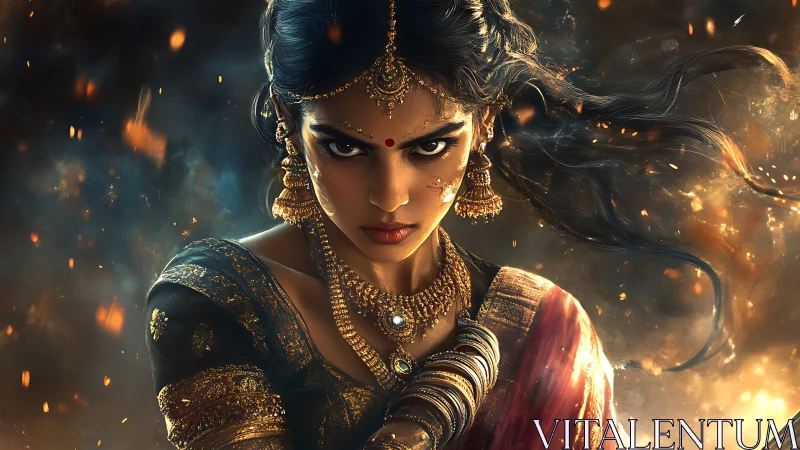 Warrior goddess portrait in ornate gold jewelry and embers.