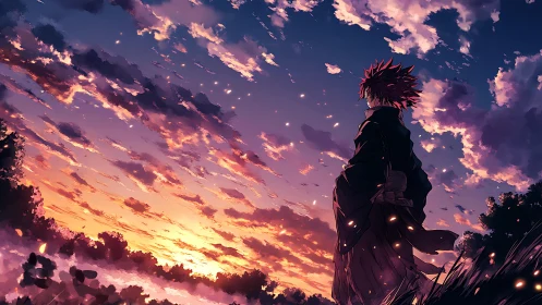 Warrior silhouette studies burning clouds at vivid sunset