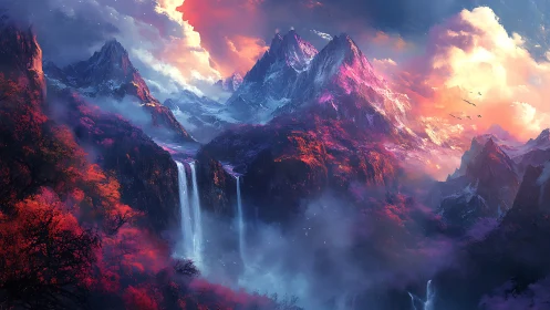 Dreamy violet mountains with glowing falls at sunset.