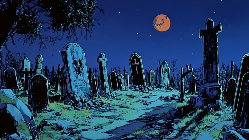 Nocturnal graveyard path under crimson harvest moon illustration.