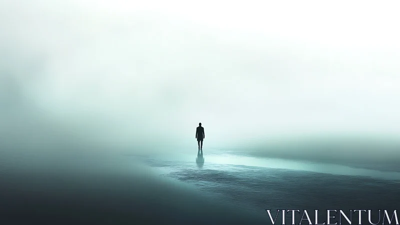 Solitary silhouette walking through ethereal coastal mist.