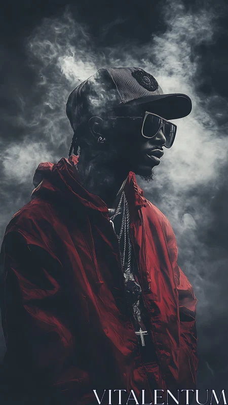 Smoke and shadow style with a bold red street silhouette.