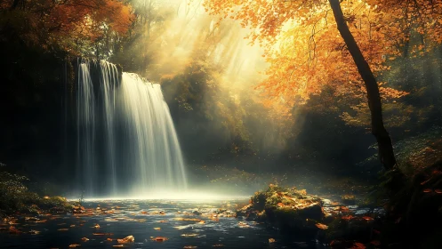 Golden autumn waterfall wrapped in soft morning light.