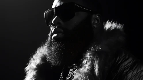 Midnight monarch in fur and shades studies the spotlight.