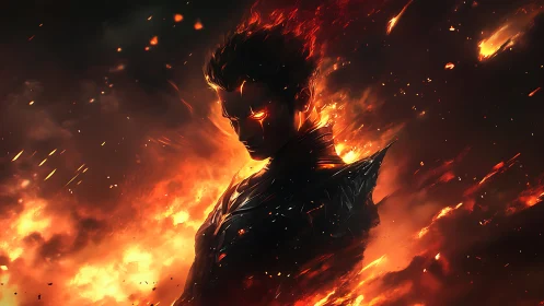 Flaming humanoid figure stands in molten, eruptive firestorm