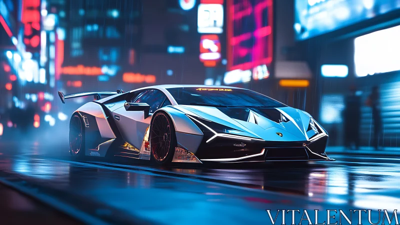 Sleek hypercar slicing through neon soaked cyberpunk avenue.