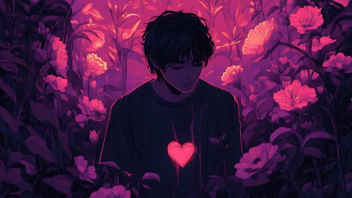 Figure with glowing heart in dense pink and purple flora.