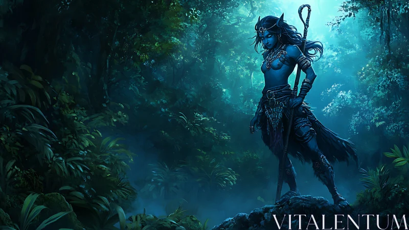 Bioluminescent jungle sentinel with staff in teal atmospheric haze.