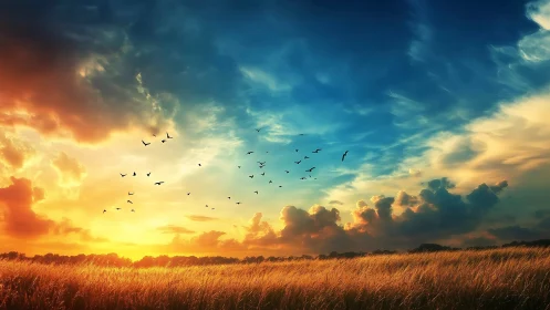 Glowing sunset sky welcomes birds over peaceful golden field