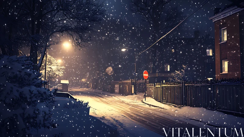 Snowy residential street under warm night streetlights.
