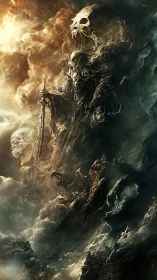 Skull crowned warlord emerges through burning storm clouds.