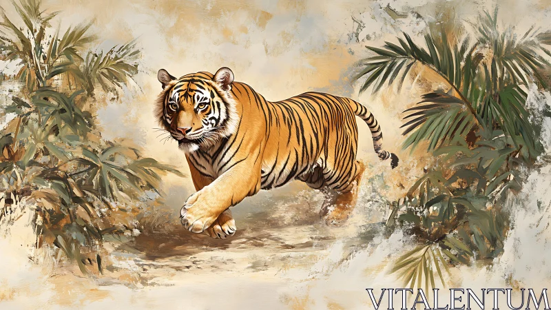Majestic tiger strides through misty jungle foliage with power.