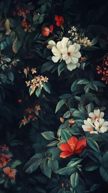 Dark Garden: White Blooms and Red Florals Against Deep Shadows.