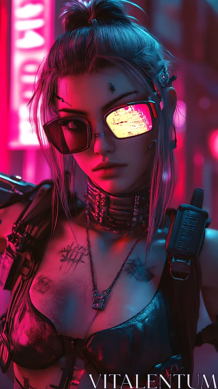 Cyberpunk woman with neon visor stands in magenta light