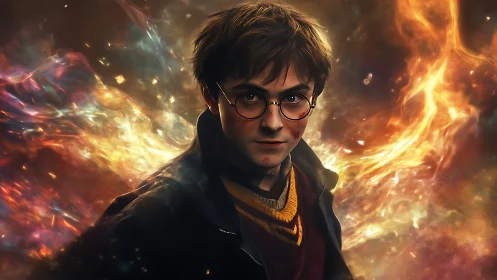 Young bespectacled figure amid swirling fiery energy field.