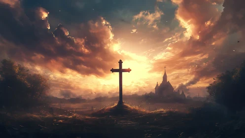 Sunlit cross and distant church in a gentle glowing sky.
